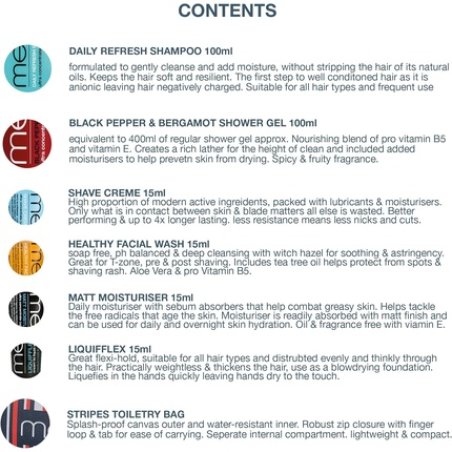 men-u Ultimate Travel Kit Men's Toiletries Set with Grooming Products in a Stripes Toiletry Bag