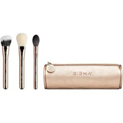 Sigma Beauty Bloom Glow Brush Set 3 Makeup Brushes with Gold Makeup Bag - Blush Brush, Contour Brush, and Setting