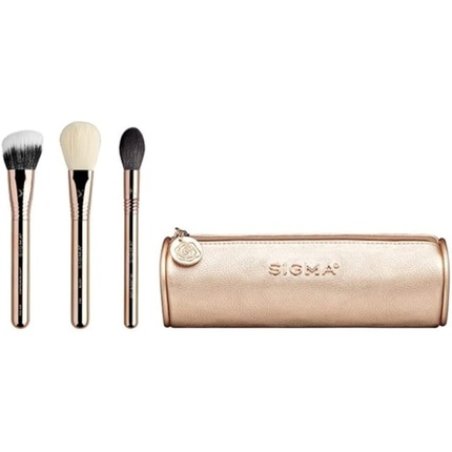 Sigma Beauty Bloom Glow Brush Set 3 Makeup Brushes with Gold Makeup Bag - Blush Brush, Contour Brush, and Setting