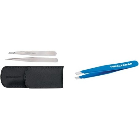Tweezerman Black Petite Tweeze Set and Bahama Blue Stainless Steel Mini Slant Tweezer with Tweezer