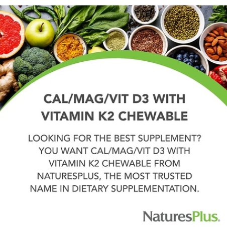 NaturesPlus Chewable Cal/Mag/VIT D3 with Vitamin K2 Bone Health Supplement 60 Chewable Tablets Vanilla Flavor