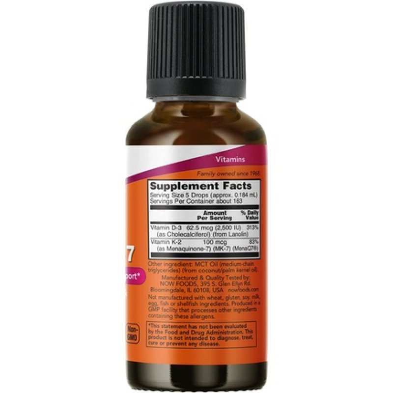NOW Liquid D-3 & MK-7 Supplement with 2,500 IU Vitamin D-3 & 100 mcg Vitamin K-2 per 5 drops 1oz