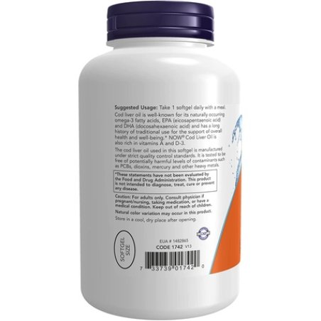 NOW Cod Liver Oil 650mg Excellent Source of Vitamins A and D-3 250 Softgels