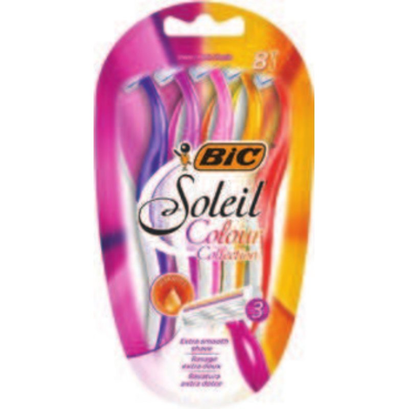 BIC Miss Soleil Colour Collection 3-Blade Razors for Women with Easy Grip Handle and Lubricating Strips 8 Razors