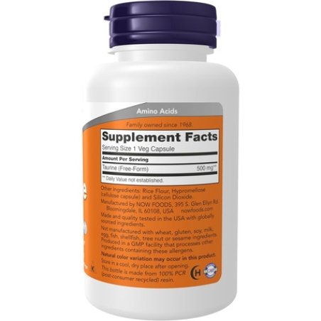 Now Supplements Taurine 500mg Nervous System Health 100 Veg Capsules