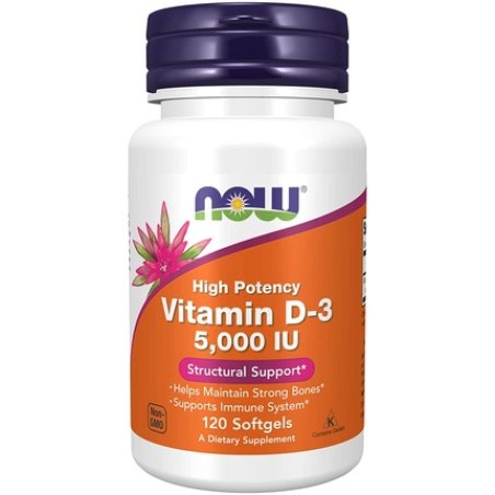 NOW Supplements Vitamin D-3 5,000 IU High Potency Structural Support 120 Softgels