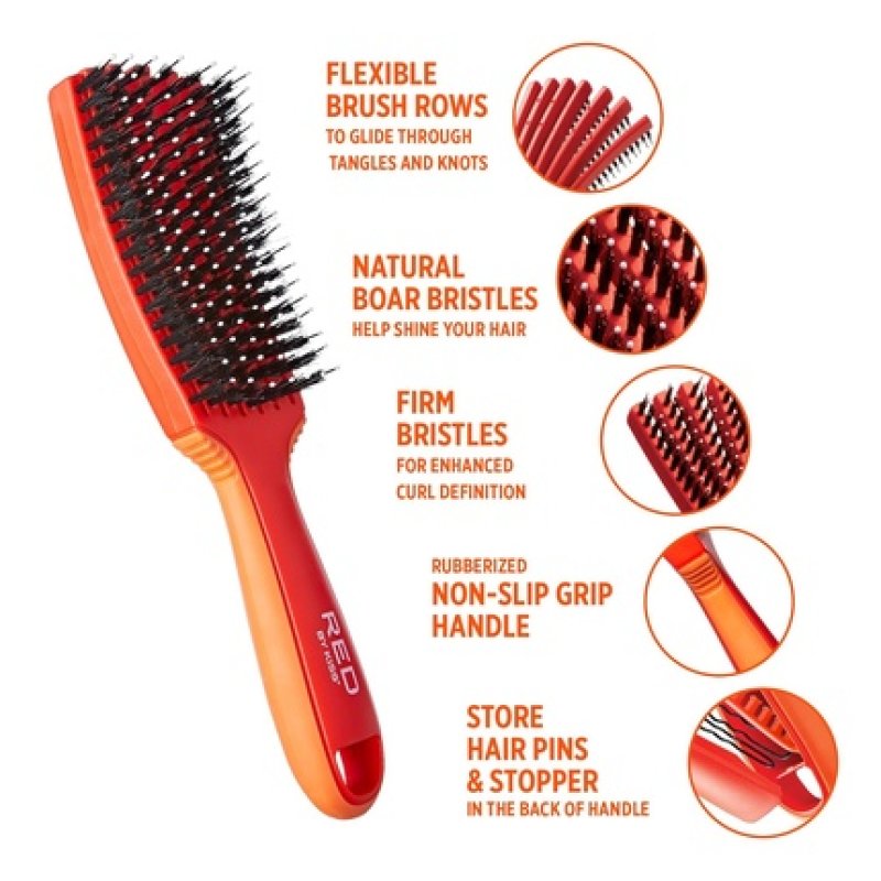 Red by Kiss Glide & Define Non-Slip Detangling Brush with Natural 100% Boar Bristles for Natural Hair Boar Brush