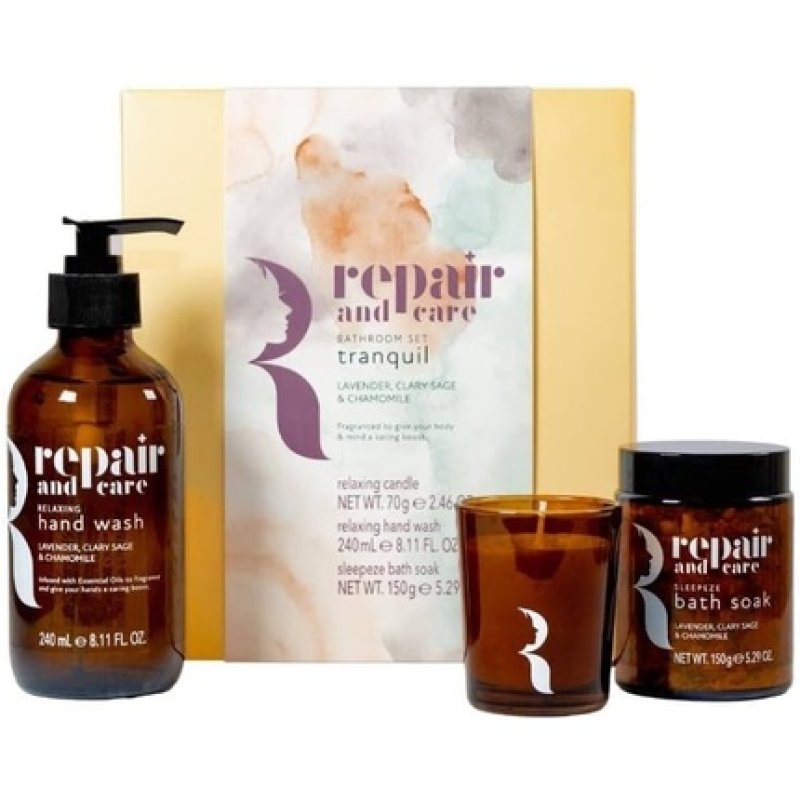 Repair and Care Tranquil Bathroom Set Candle 70g Bath Soak 150g Hand Wash 240ml