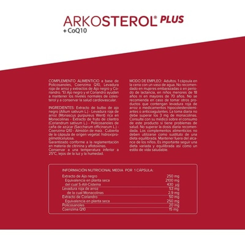 Arkopharma Arkosterol Plus Red Rice Yeast and Q10 Natural Cholesterol Control 30 Capsules