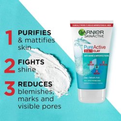 Garnier Pure Active 3in1 Clay Mask Wash Scrub 150ml - Face Cleanser For Oily Skin