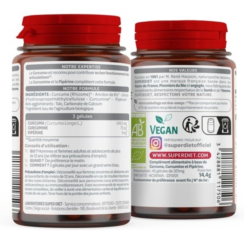 Superdiet Organic Turmeric Piperine Herbal Medicine for Joints