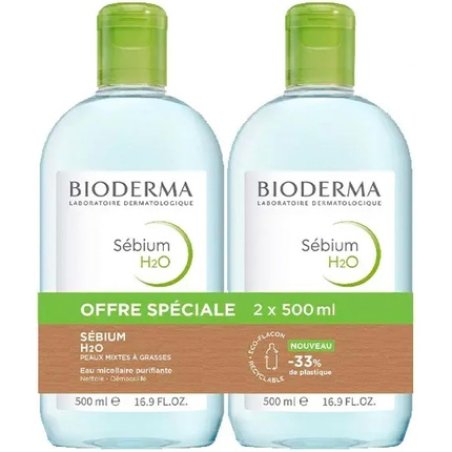 Bioderma Sebium H2O Purifying Cleansing Micellar Water 500ml - Pack of 2