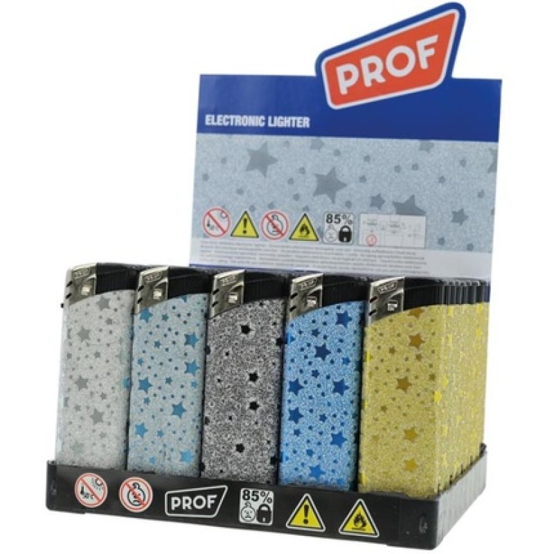 Prof Electric Lighter Stars Glitter Professional 5 Assorted In Display With Child Safety Lock