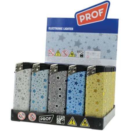 Prof Electric Lighter Stars Glitter Professional 5 Assorted In Display With Child Safety Lock