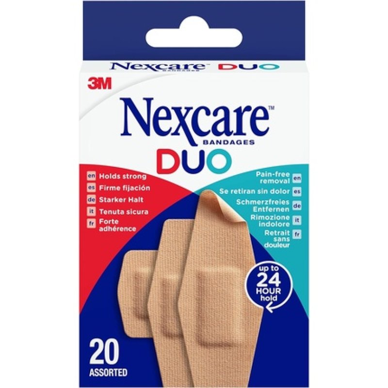 Nexcare Duo Plasters Assorted 20 Pack - Painless Removal, Breathable, Water Resistant and Flexible Fabric & Blood-Stop