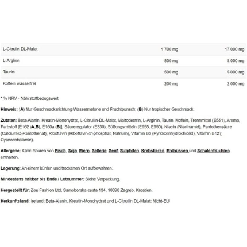 Zoe Nutrition Furiosa Pre-Workout 300g Fruit Punch