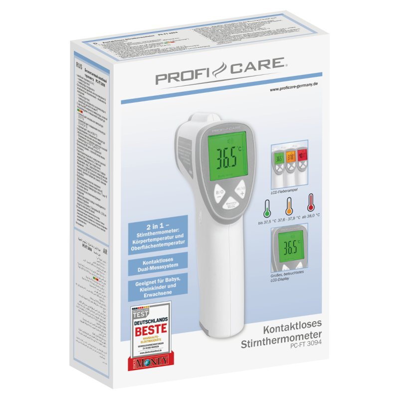 ProfiCare PC-FT 3094 Contactless Forehead Thermometer Infrared Thermometer for Babies Children and Adults with 3-Color