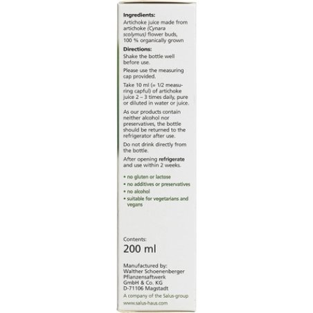 Salus Artichoke Organic 100% Pure Fresh Plant Juice 200ml