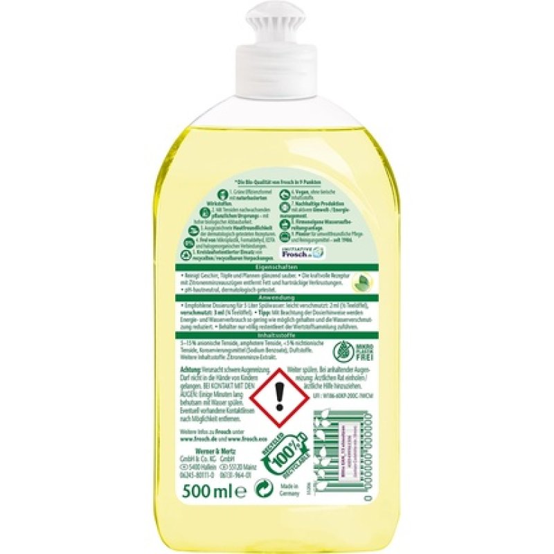 Frosch Lemon Mint Dishwashing Gel - Strong Dishwashing Detergent for Stubborn Grease and Crust