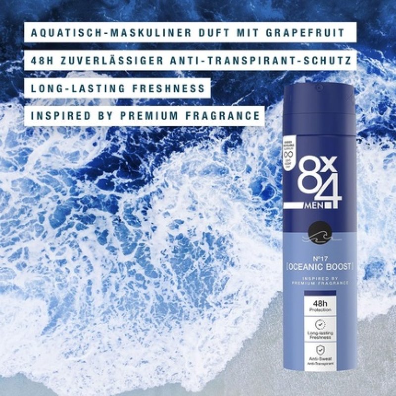 8X4 Men Deo N° 17 Oceanic Boost 150ml Deospray for Men with Refreshing Scent 48h Anti-Perspirant Protection