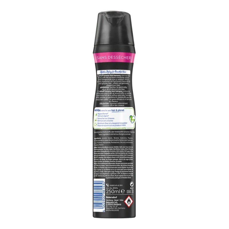 NIVEA Extreme Hold Hair Spray 250ml with UV Protection, Panthenol, and Vitamin B3 48h Strong Hold