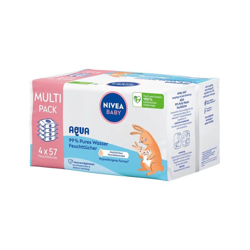 NIVEA Baby AQUA Wet Wipes for Gentle Cleansing of Sensitive Skin 57 Wipes - Pack of 4