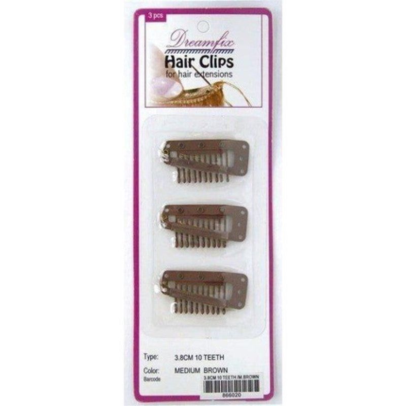 Dreamfix Hair Clips - Medium Brown, 3 Pieces, 10 Teeth, 3.8 Cm