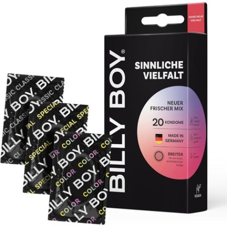 BILLY BOY Condoms Sensual Variety 20 Pack Wide Fit Condom Mix 56mm with Gentle Colors and Ribbed Condoms Pack of 20