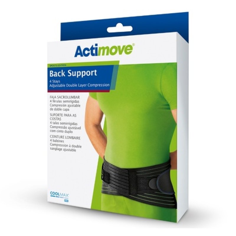 Actimove Back Support 4 Stays Adjustable Double Layer Compression Lumbar Sacral Support - Black, Size L
