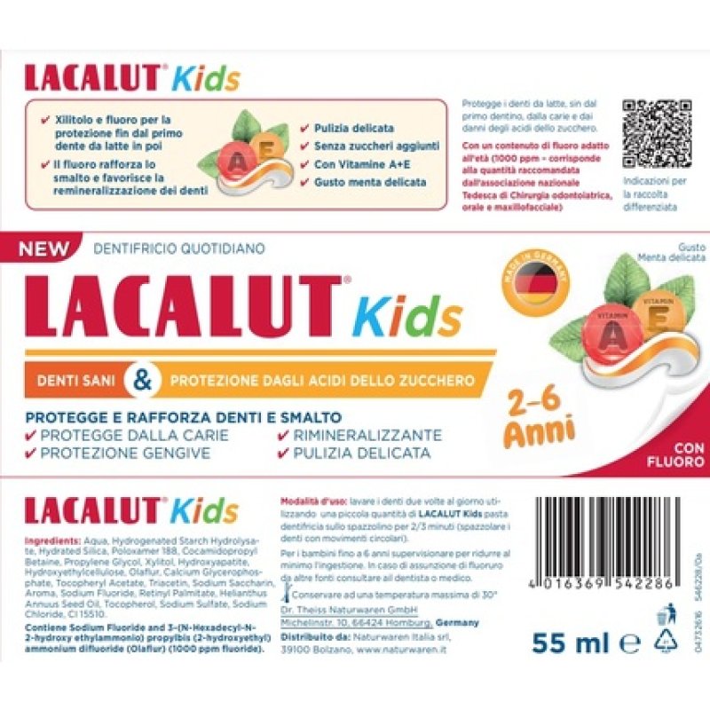LACALUT Children's Toothpaste 2-6 Years Daily Hygiene Protection Against Cavities with Fluoride and Xylitol Gentle Mint