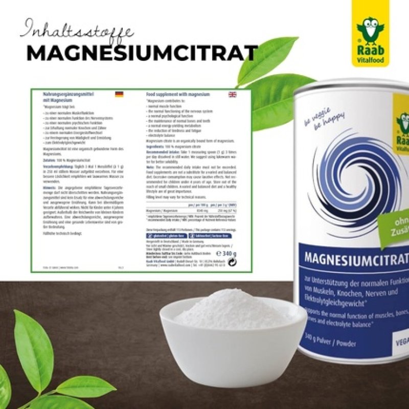 Raab Vitalfood Magnesium Citrate Powder 340g - Vegan, Laboratory Tested, Ideal for Athletes