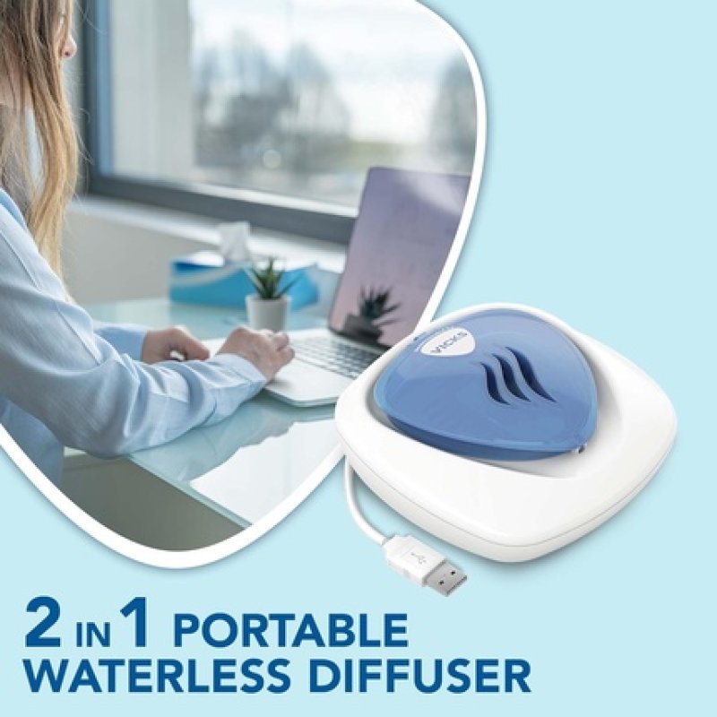 Vicks Portable Waterless Diffuser USB Plug Easy Breathing Nightlight Feature Essential Oil Pads Included Travel