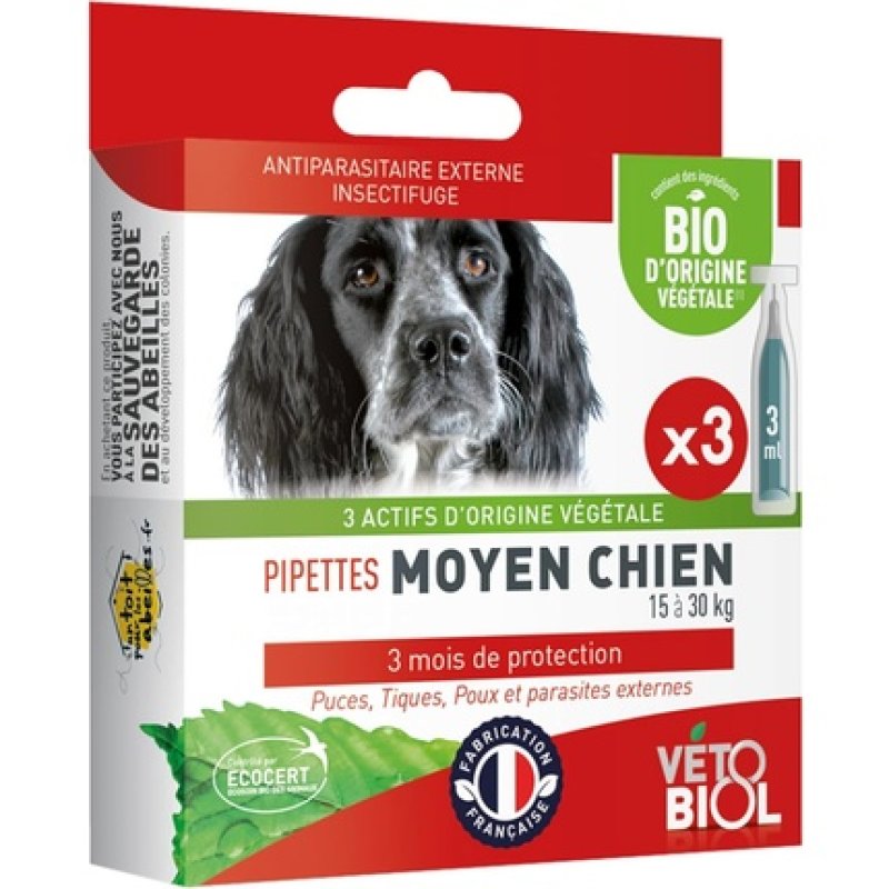 Vetobiol Organic Pipettes for Medium Dogs 15 to 30 Kg - Pack of 3