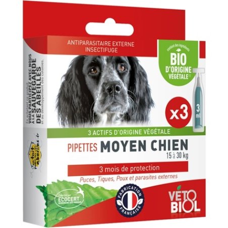 Vetobiol Organic Pipettes for Medium Dogs 15 to 30 Kg - Pack of 3