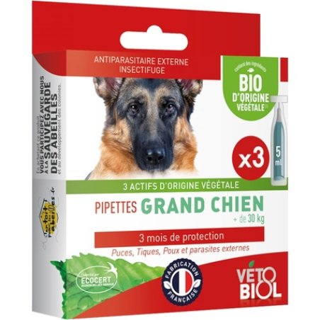 Vetobiol Organic Pipettes for Large Dogs Over 30 Kg - Pack of 3