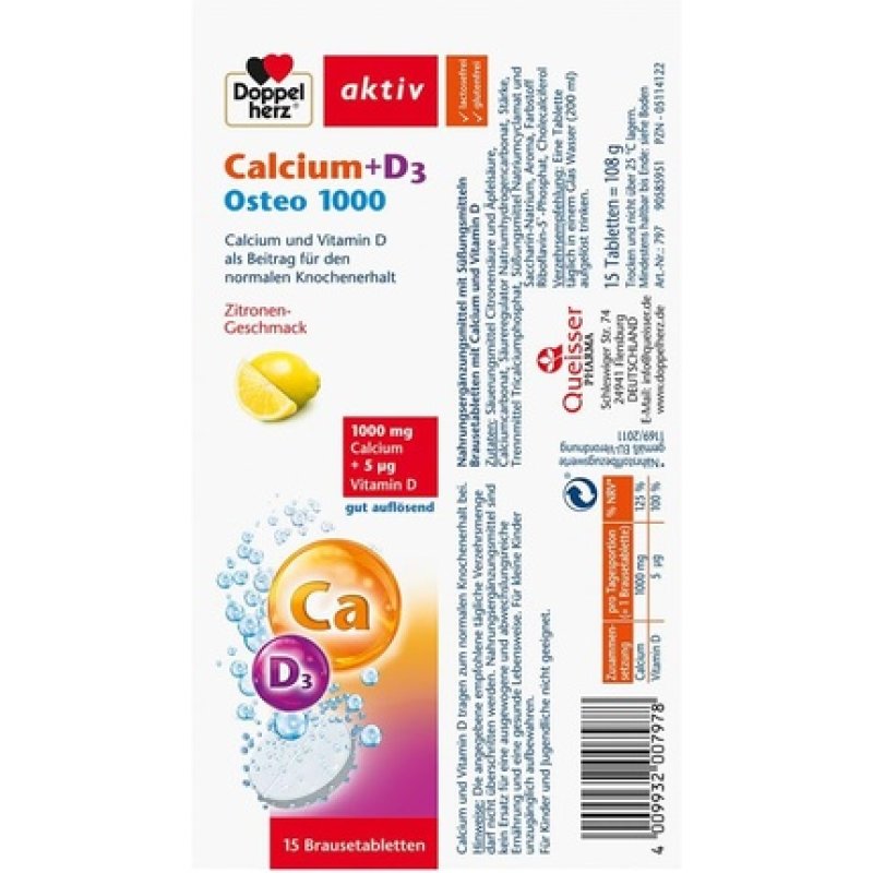Doppelherz Calcium D3 Osteo 1000 with Calcium and Vitamin D for Normal Bone Maintenance 15 Effervescent Tablets
