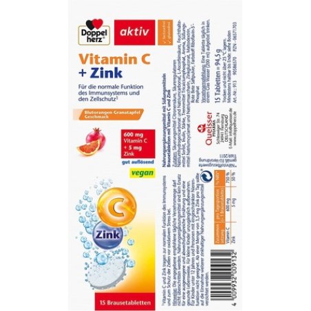 Doppelherz Vitamin C Zinc for Normal Immune Function and Cell Protection - 15 Effervescent Tablets Blood Orange