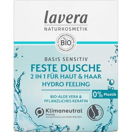 lavera 2 in 1 Basis Sensitiv Hydro Feeling Solid Shower Bar with Organic Aloe Vera and Plant-Based Keratin 50g