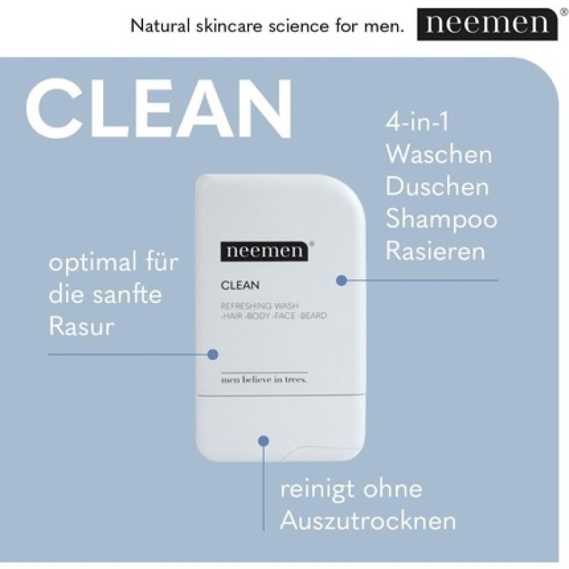 Neemen Clean 4-In-1 Shampoo for Hair, Body, Face & Beard - Multifunctional Men's