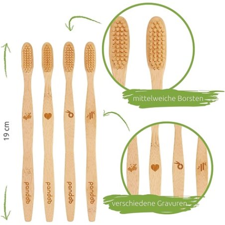 Pandoo Eco-Friendly Bamboo Toothbrush Set of 4 for Adults and Children - Medium to Soft Bristles - Vegan, Organic,
