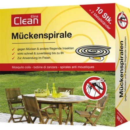 Clean Mosquito Repellent Spiral - 10 Pieces, Citronella, Low Smoke, 125mm Each, Includes 2 Metal Holders