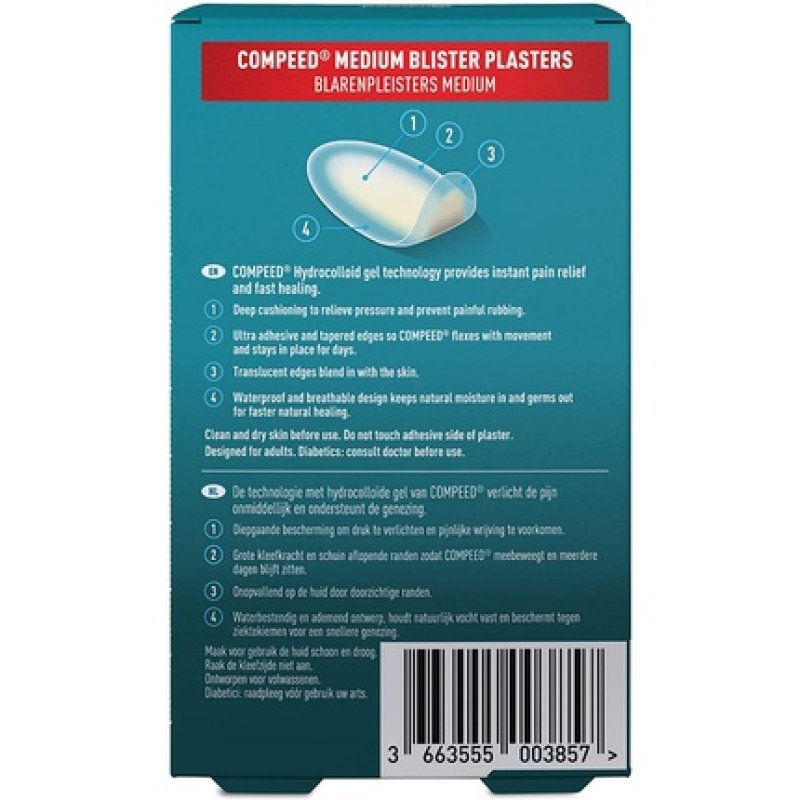 Compeed Medium Size Blister Plasters Foot Treatment 12 Hydrocolloid Plasters 100% Plastic Free Carton Pack
