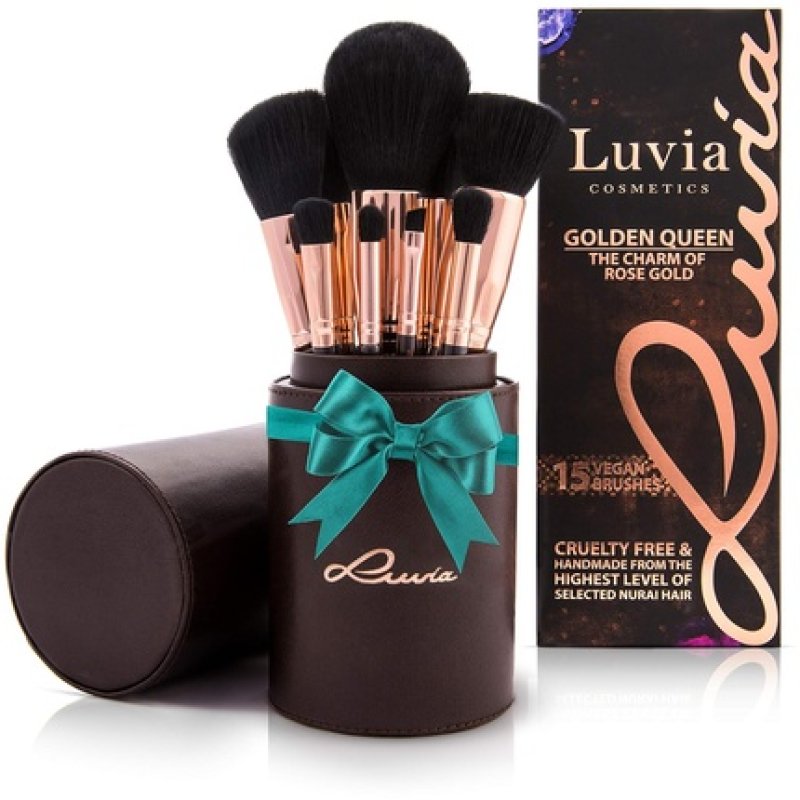 Luvia Makeup Brush Set Golden Queen 15 Kabuki Makeup Brushes Including Makeup Beauty Brush Holder & Travel Makeup Bag