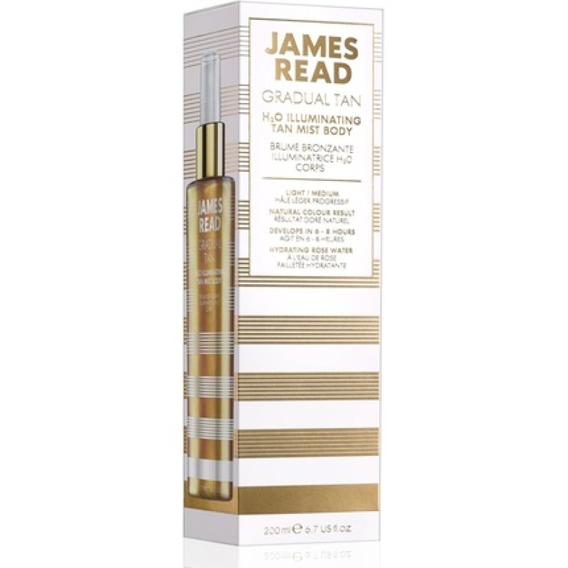 James Read H20 Illuminating Tan Mist for Body 200ml Light/Medium Gradual Self Tan Natural Golden Glow Rose Water