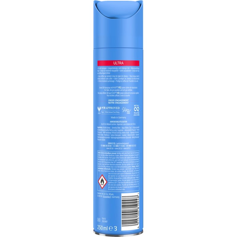 Schwarzkopf Taft Ultra Hair Spray 250ml Hold Level 4 Hair Styling Vegan Formula