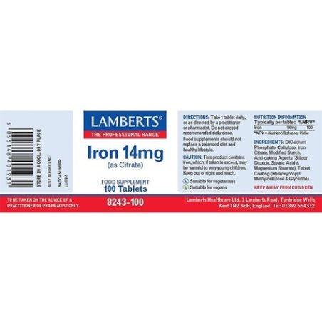 Lamberts Iron 14mg as Citrate - 100 Tablets