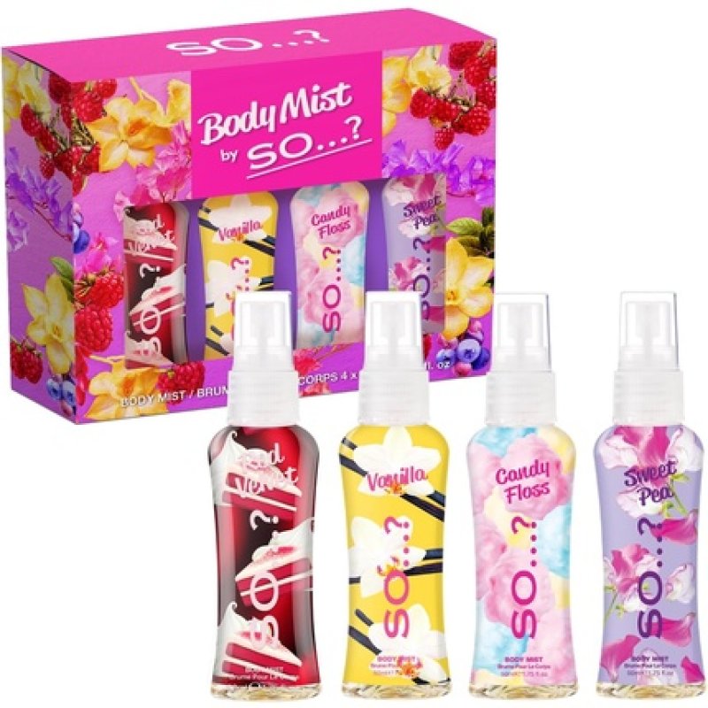 By So...? Women's Mini Body Mist Gift Set with Red Velvet, Vanilla, Candy Floss & Sweet Pea Fragrance Spray 4x50ml