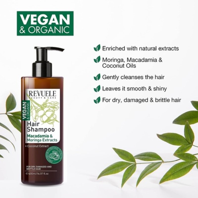 Revuele Vegan and Organic Hair Shampoo 400ml Moisturizing Smoothing Treatment with Macadamia, Moringa, and Coconut