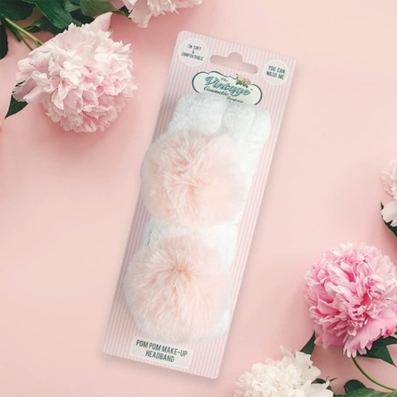 The Vintage Cosmetic Company Elasticated Pom Pom Make Up Headband - White and Pink Design