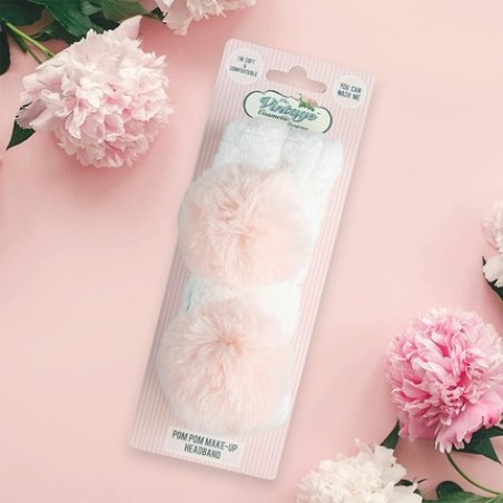 The Vintage Cosmetic Company Elasticated Pom Pom Make Up Headband - White and Pink Design